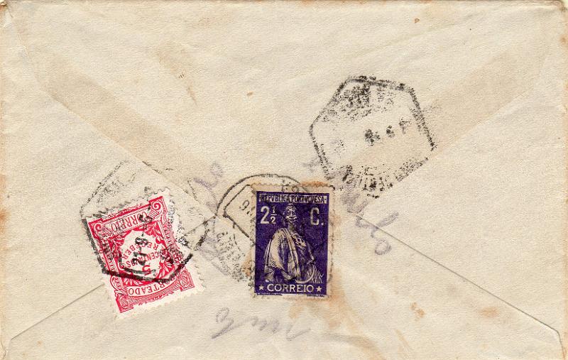 0038 v.jpg -     Lote:    38 (verso)      J. M. Castanheira da Silveira             Descrição:         1915 &mdash; Porteado. Emissão regular. Valor em centavos. 1912 &mdash; Ceres. CE211, 2 &frac12; c em sobrescrito circulado de Braga (20.09.16) para o Porto. Por o selo já ter servido foi considerado nulo e porteado em 5c (dobro do porte em falta) com selo de 5c CE POR26. B e R.        Carta       Valor Base:     &euro; 25,00     Valor Venda:     &euro;      